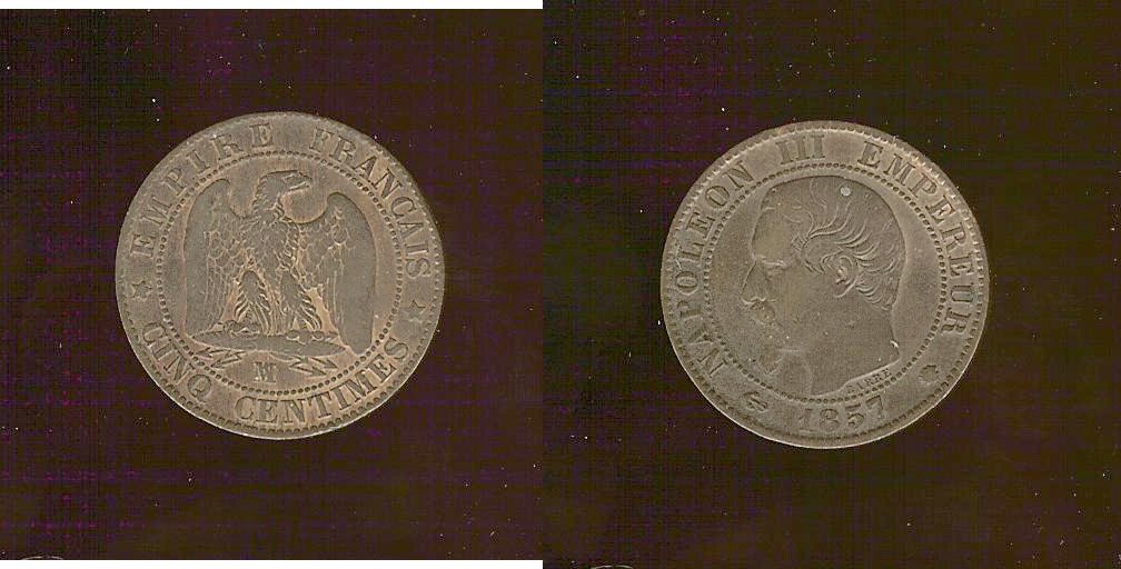 Cinq centimes Napoléon III, tête nue 1857MA TB++